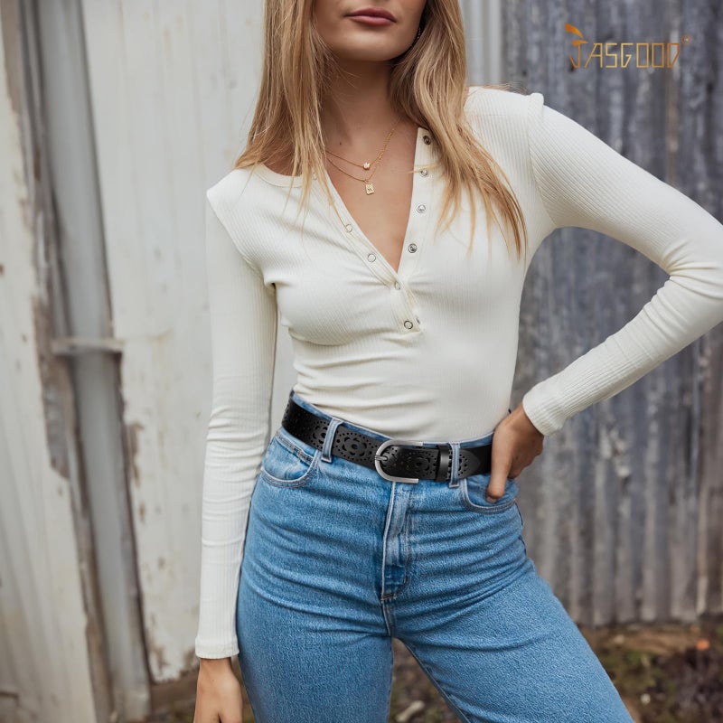 JASGOOD Hollow Genuine Leather Belt for Women Ladies Belt for Jeans Pants Casual Waist Belt - Image 2